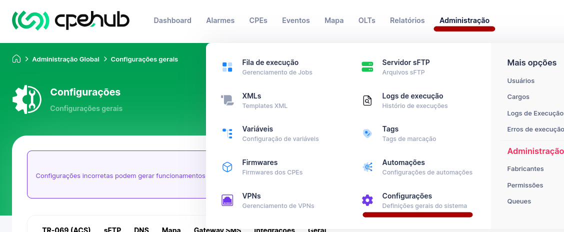 Menu Configurações