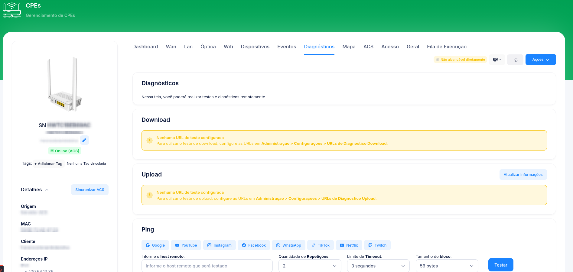 Diagnostics tab